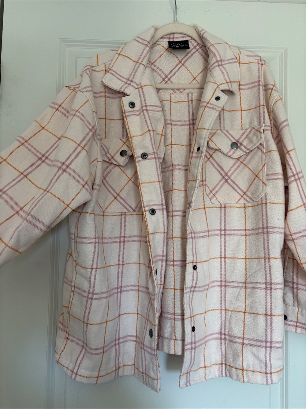 Women's Plaid Shacket Jacket - Blush Pink & Mustard